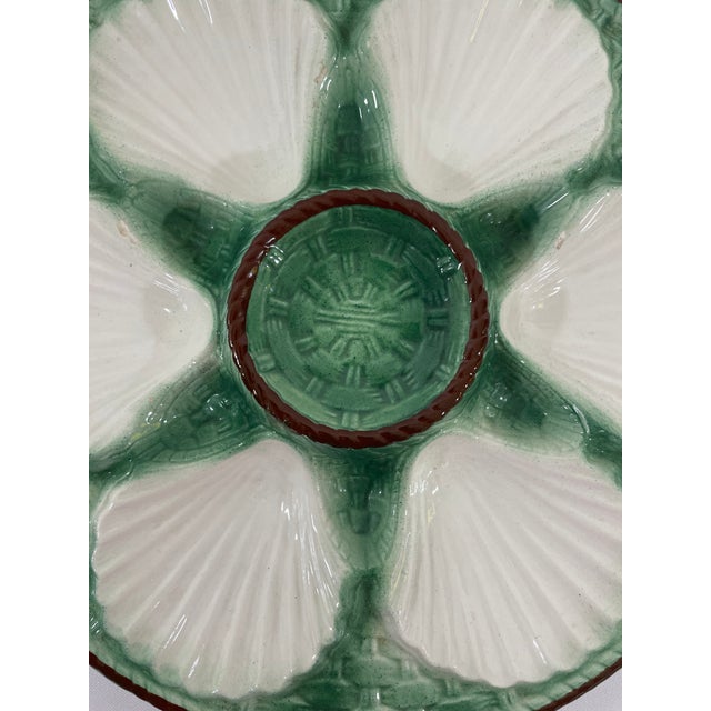 1920s Antique French Longchamp Majolica Green and White Oyster Plate For Sale - Image 9 of 14