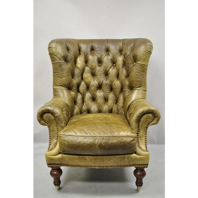 Traditional Lillian August Brown Green Leather Chesterfield Club Lounge Chair & Ottoman For Sale - Image 3 of 12