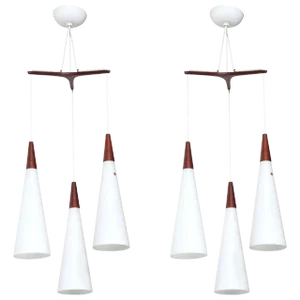 1950s Holm Aage Sorensen for Raak Tri Teak Triple White Glass Hanging Pendants- a Pair