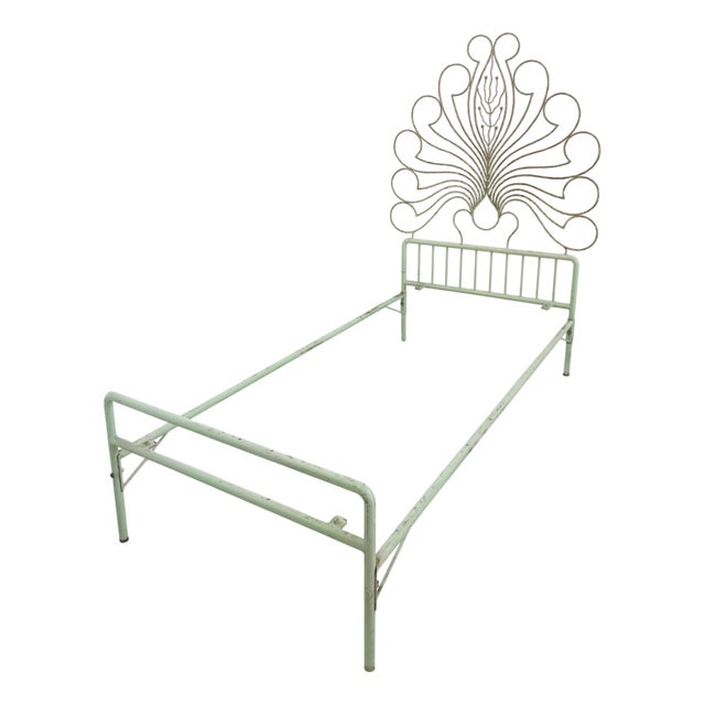 Iron and Brass Single Bed Frame with Headboard, 1950s For Sale