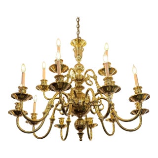 20th Century Vintage Polished Brass 15 Light Chandelier For Sale