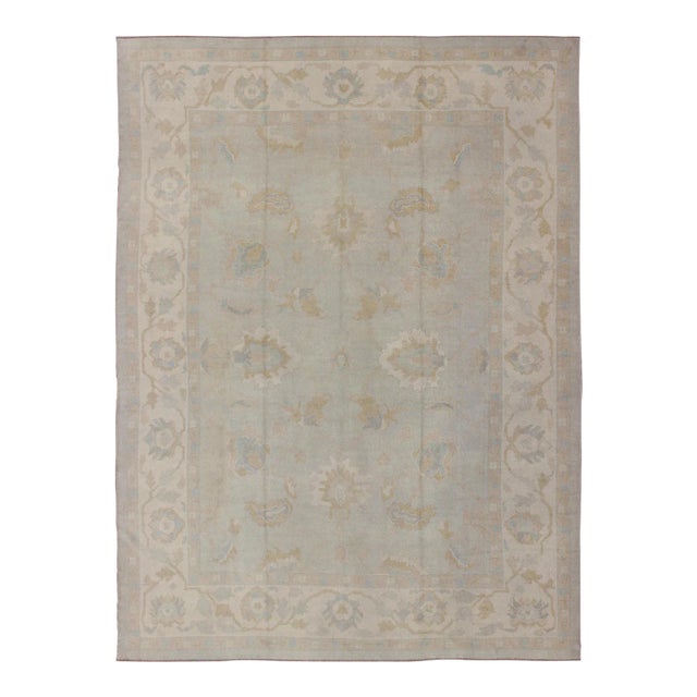 Large Turkish Oushak Rug With Pastel Colors and Botanical Design For Sale