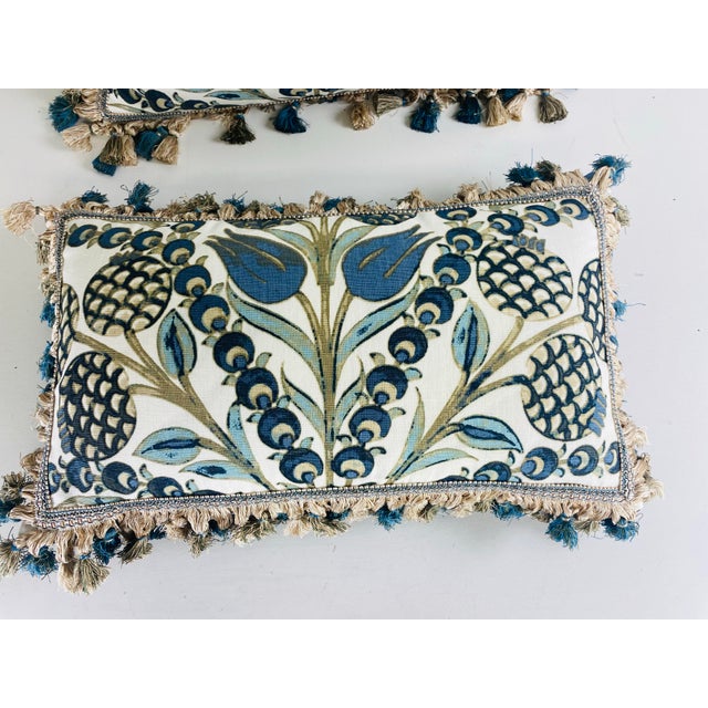 Contemporary Thibaut Hand Printed Tasseled Linen Pillows/ a Pair For Sale - Image 3 of 11