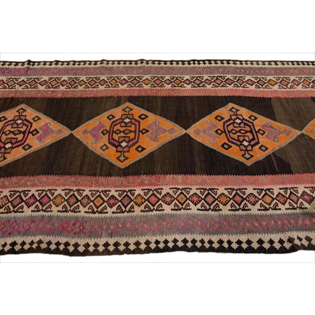 1960s Brown Vintage Kilim Handmade Flatweave Tribal Motif Wool Runner For Sale - Image 5 of 10