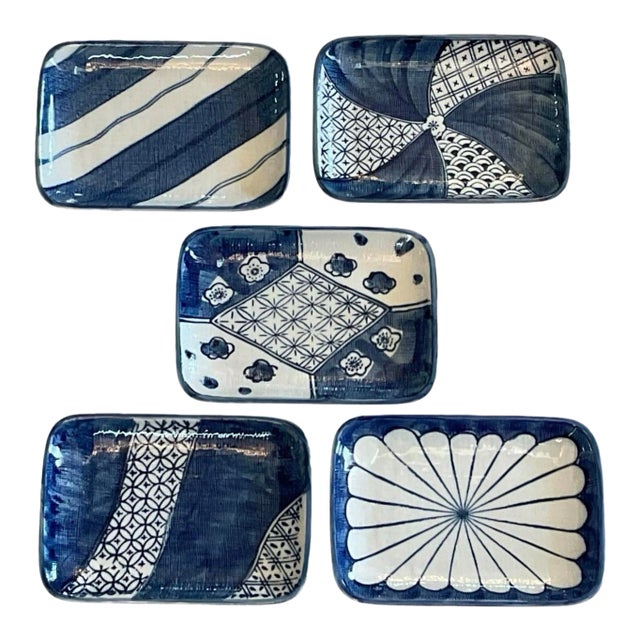 1980s Japanese Blue & White Ceramic Sushi Snack Plates, Made in Japan for Takahashi For Sale