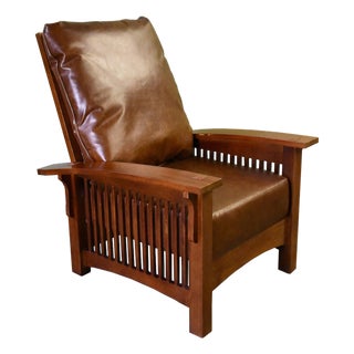 Craftsman / Mission Leather and Oak Morris Chair - Chestnut For Sale