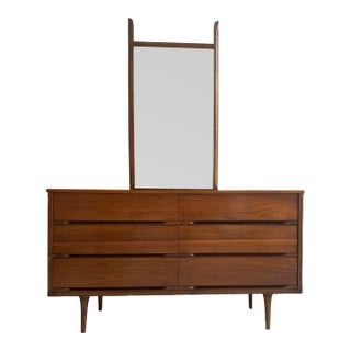 1960s Mid Century Modern Walnut Lowboy Dresser With Mirror For Sale