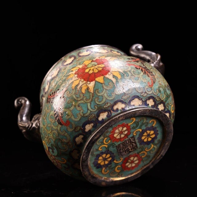 This is a magnificent vintage Chinese Cloisonné (Jingtai Lan) incense burner (Censer). The vessel features a bulbous body...