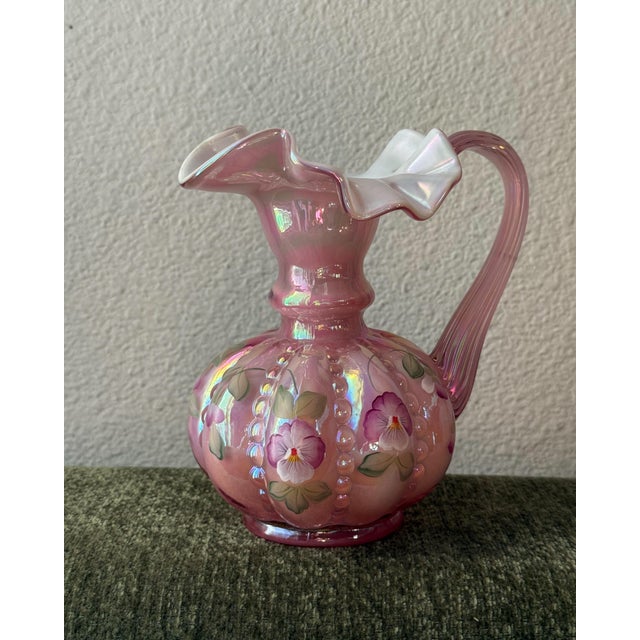 Fenton Art Glass Company Vintage Signed Fenton Pink Iridescent Hand-Painted Pansy Pitcher For Sale - Image 4 of 5