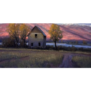 Hilltop Debut by Seth Winegar | Oil on Board Landscape with a house and trees at sunset For Sale