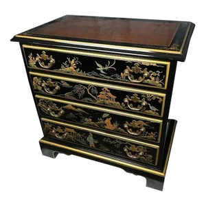 1980s Black Lacquer Chinoiserie Hand Painted Chest of Drawers / Nightstand by Drexel