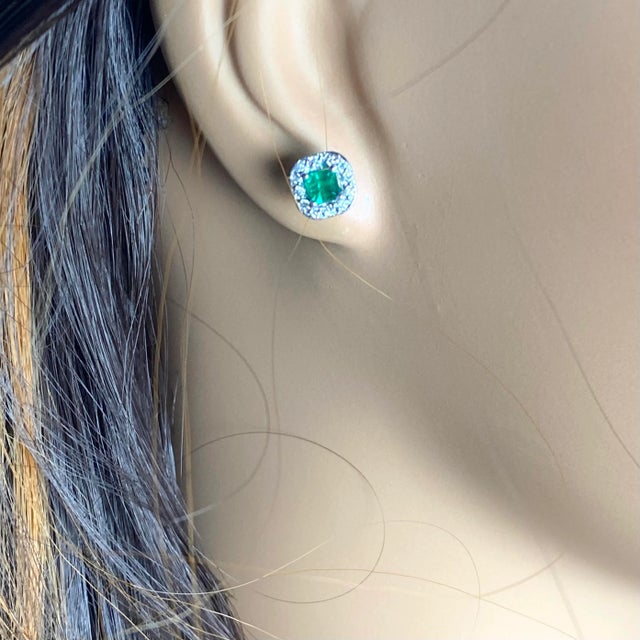 2020s Emerald Shaped Emerald Diamond 1.20 Carat Halo 14 Karat White Gold 0.32 Inch Earrings - 2 Pieces For Sale - Image 5 of 10