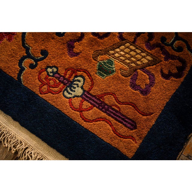 Navy Blue 1920s Antique Blue Navy Grand Scale Medallion Knotted Wool Chinese Art Deco Rug For Sale - Image 8 of 9