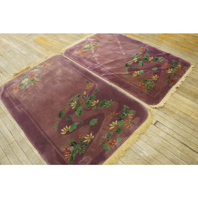 Purple 1920s Purple Floral Antqiue Pair of Chinese Art Deco Carpets 3' X 4'7" Knotted Wool Rugs For Sale - Image 8 of 12