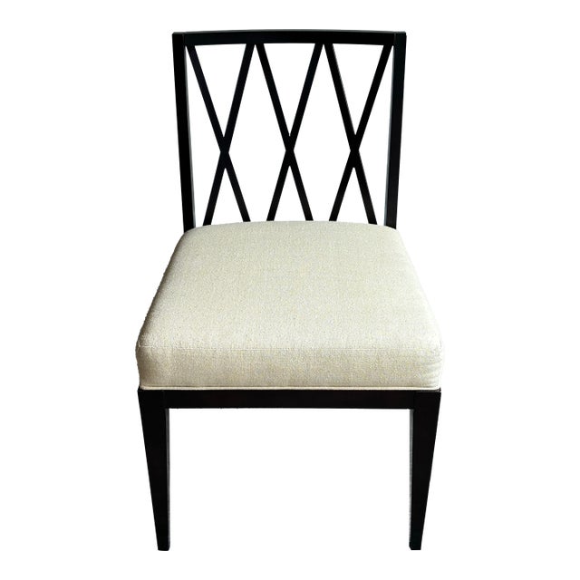 Late 20th Century Baker Furniture Upholstered Side Chair With Geometric Lattice Back For Sale