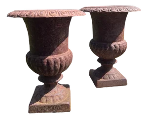 Vintage French Campana Style Cast Iron Garden Urns, 1970s, Set of 2
