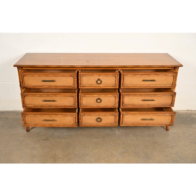 Wood Thomasville Mid-Century Modern Hollywood Regency Faux Bamboo and Rattan Dresser or Credenza, Circa 1970s For Sale - Image 7 of 14