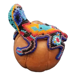 Vintage Huichol Lizard, Mexican Beadwork on Pottery Decor