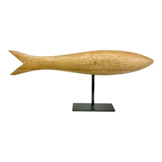 1970s Vintage Arts & Crafts Boho Chic Coastal Hand Carved Oak Fish Sculpture, Steel Museum Mount For Sale