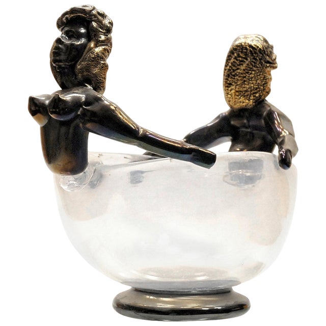 Iridescent Bowl with Figurine in Head Position attributed to Ercole Barovier, 1930s For Sale