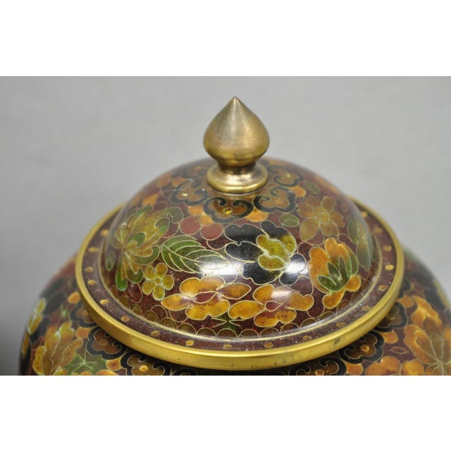 Vintage Cloisonné Chinese Small Enameled Brown Covered Ginger Jar on Stand, Pair For Sale - Image 12 of 18