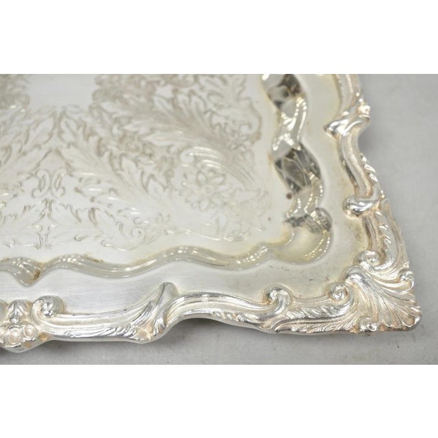 Vintage English Silver Mfg. Silver Plated Ornate Square Bar Serving Platter Tray For Sale - Image 11 of 14