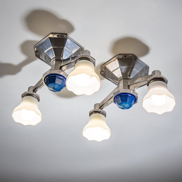 Blue 1930s Art Deco Railway Ceiling Lights - Set of Four For Sale - Image 8 of 9