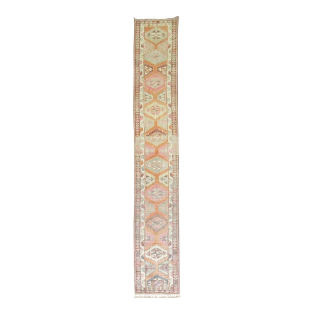 20th Century Long Orange Turkish Anatolian Geometric Runner For Sale