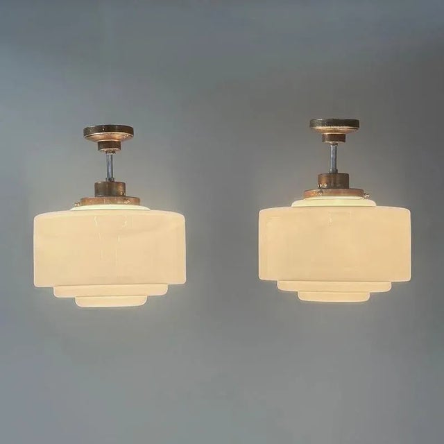 Art Deco White Opal Glass Pendant Lights, 1930s, Set of 2 For Sale - Image 4 of 9