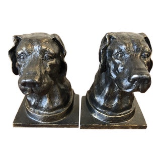 Vintage Dogs Head Metal Bronze Bookends, a Pair For Sale