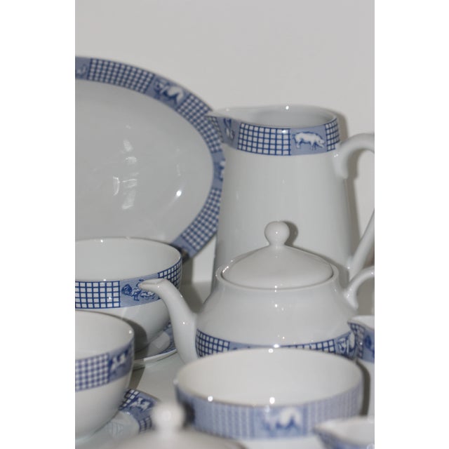 Rustic European French Blue & White Porcelain Breakfast Service in the “Ferme D’Antan” Pattern by Jacques Coeur France – 24 Pieces For Sale - Image 3 of 12