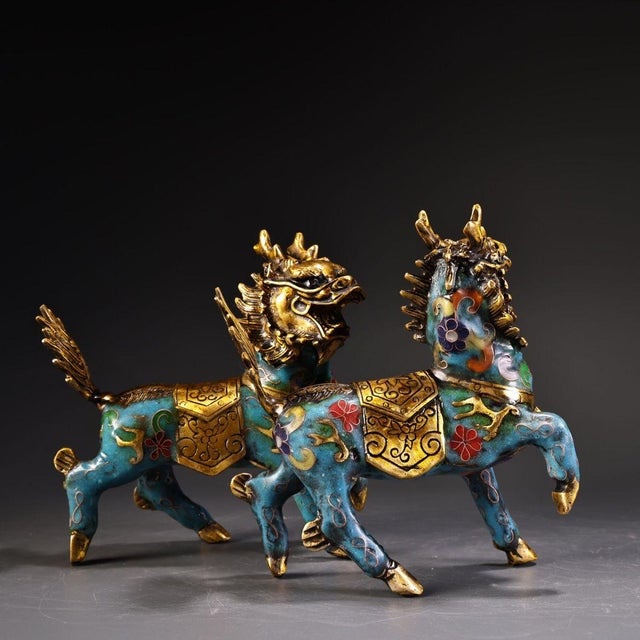Mid 20th Century Mid 20th Century Pair of Gilt Cloisonne Enamel Qilin Figures – 5.1" Mythical Beast Statues For Sale - Image 5 of 10