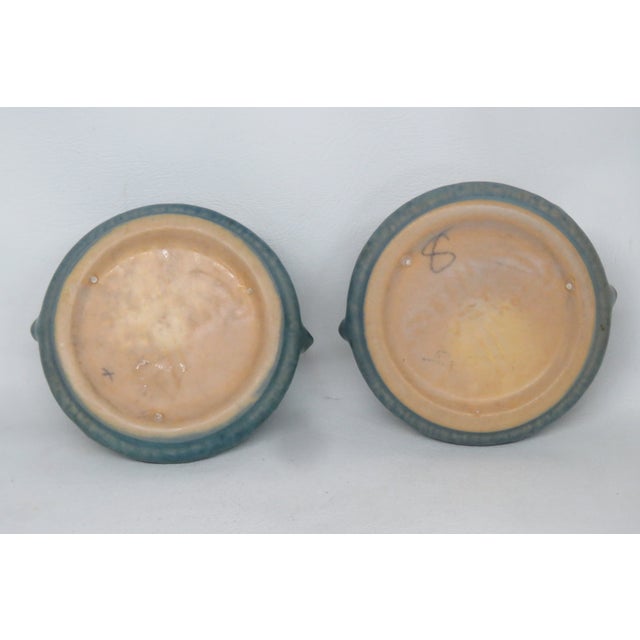 Roseville Pottery Clematis Ceil Blue Short Candlestick Holders 1158 2 a Pair 4688b For Sale - Image 16 of 16