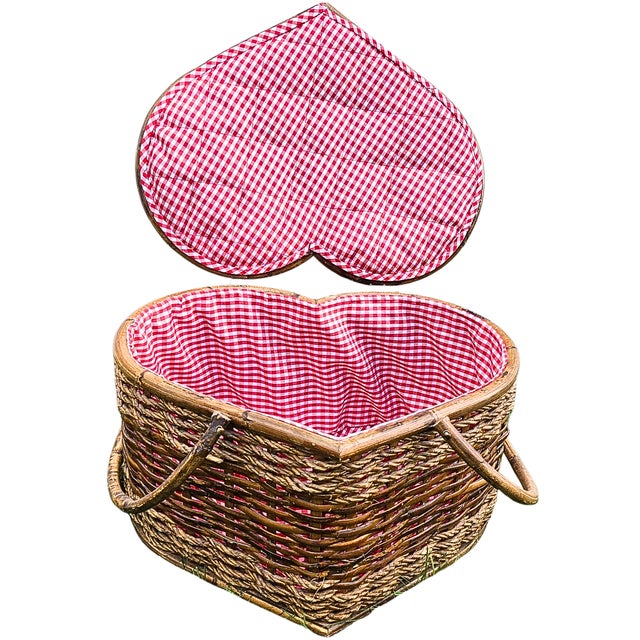 Brown Red Gingham Heart Picnic Basket For Sale - Image 8 of 8