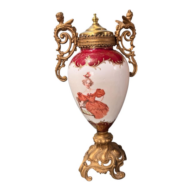 Antique Victorian Porcelain Portrait & Cast Metal Figural Decorated 18" Handled Urn For Sale