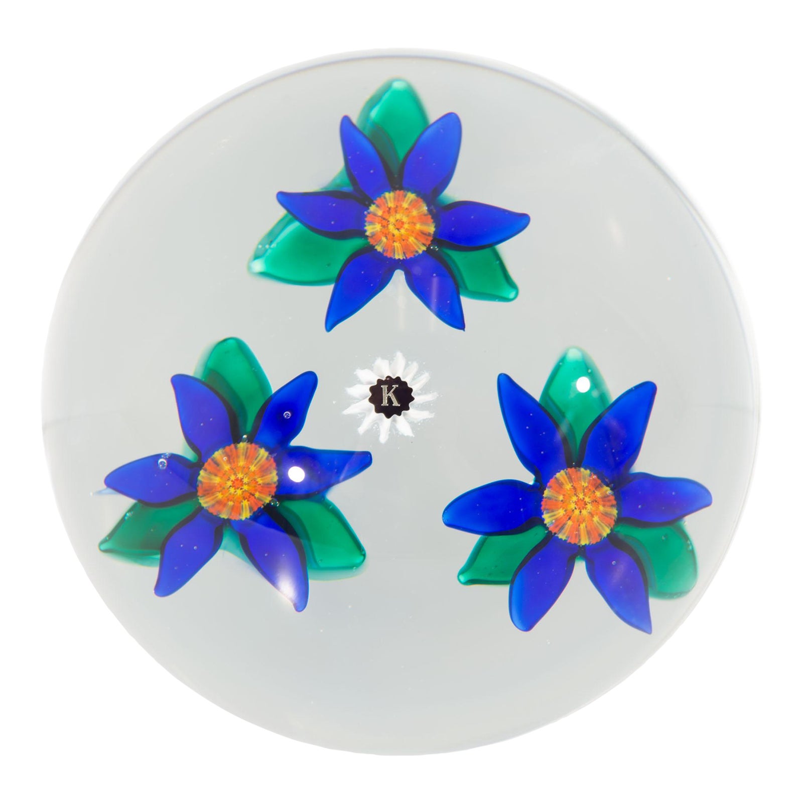 Charles Kaziun Art Glass Paperweight With Blue Flowers Chairish