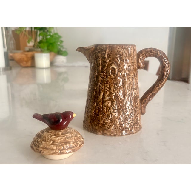 Farmhouse Mid-Century Folk Art Ceramic Faux Bois Tree Trunk Pitcher With Bird Finial For Sale - Image 3 of 10