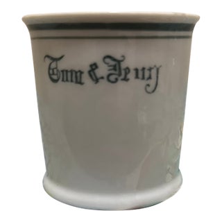 Vintage Tom & Jerry Holiday Punch Cup Mug White Porcelain Black Gothic Font Gilt Trim For Sale
