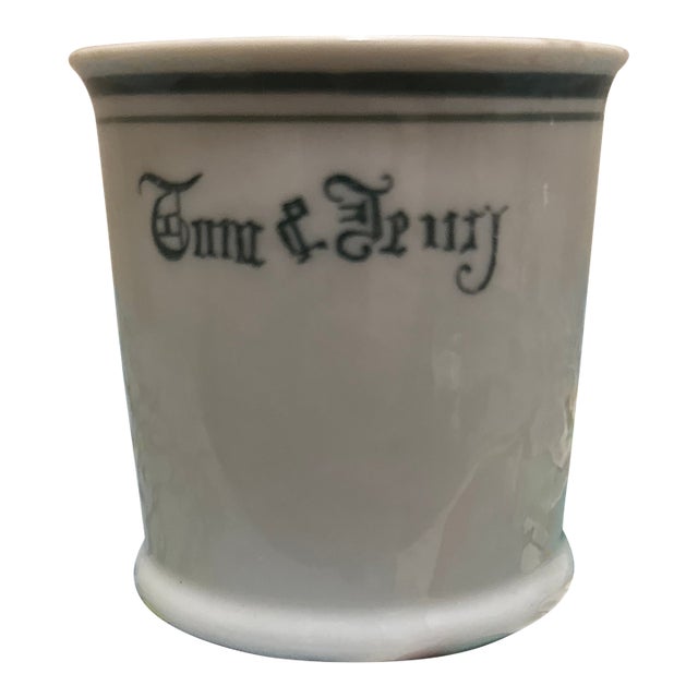 Vintage Tom & Jerry Holiday Punch Cup Mug White Porcelain Black Gothic Font Gilt Trim For Sale