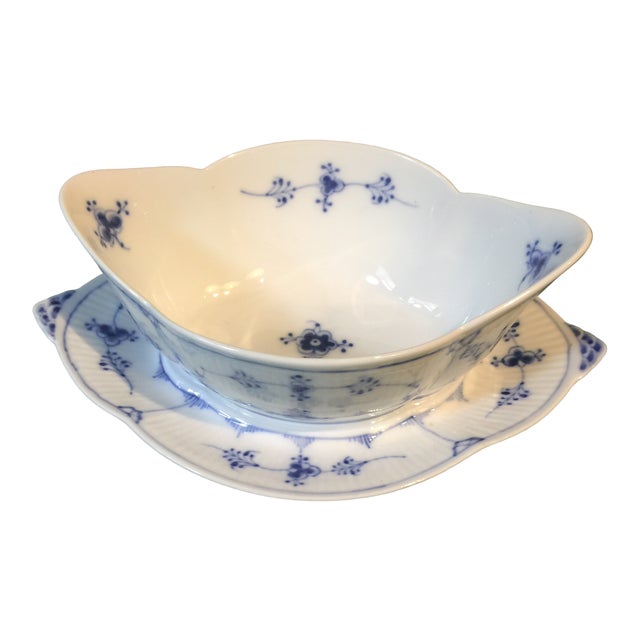 Mid Century Modern Blue Plain Half Lace Royal Copenhagen Gravy Boat With Attached Plate Chairish