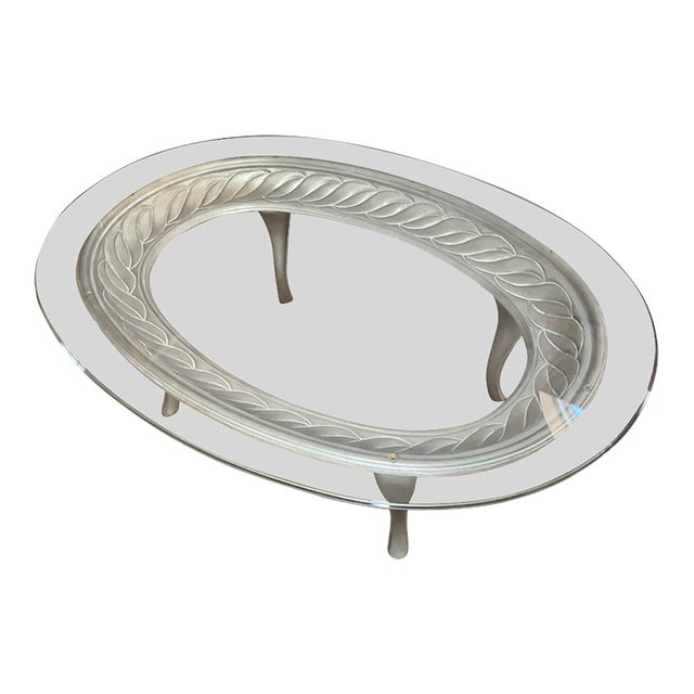 Vintage Italian Hollywood Regency Oval Coffee Table With Ogee Edge Glass For Sale