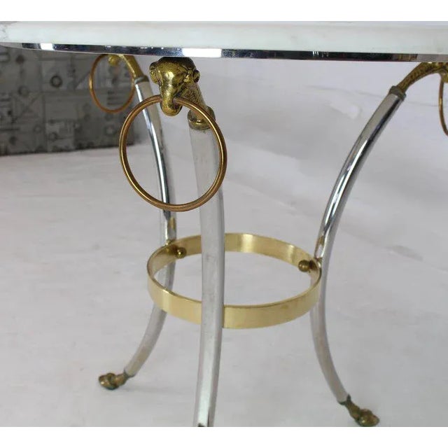Metal 1970s Mid-Century Modern Brass Chrome Marble-Top Hoof Feet Large Rings Accents Table For Sale - Image 7 of 12