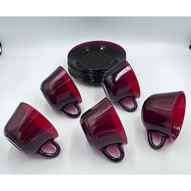 Glass 1930's Baltic Royal Ruby by Anchor Hocking Cup & Saucer 12pc Set For Sale - Image 7 of 11
