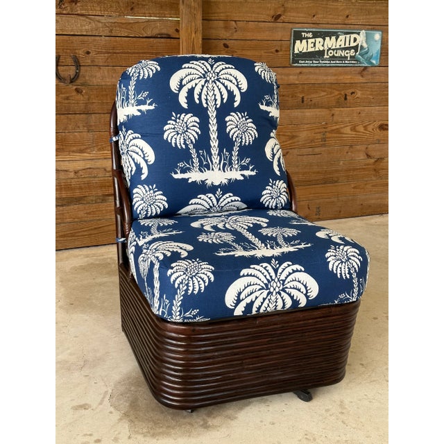 Vintage Braxton Culler Stacked Rattan Swivel Lounge Slipper Chair in Thibaut Fabric For Sale - Image 9 of 13