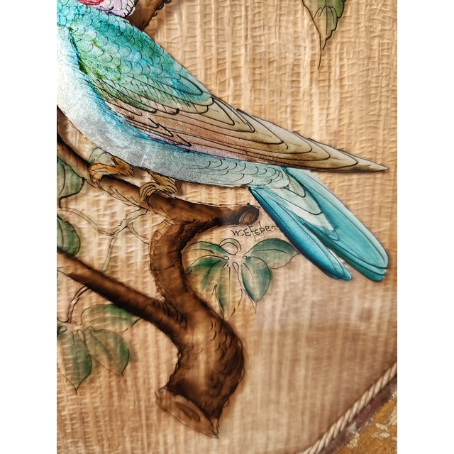 Champagne A Pair of Chinoiserie Style Hummingbird Verre Eglomise Paintings - Signed For Sale - Image 8 of 13