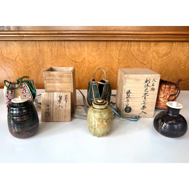 Three Japanese Vintage Tea Caddies by Noted Potters with Shifuku and Tomobako For Sale - Image 4 of 15