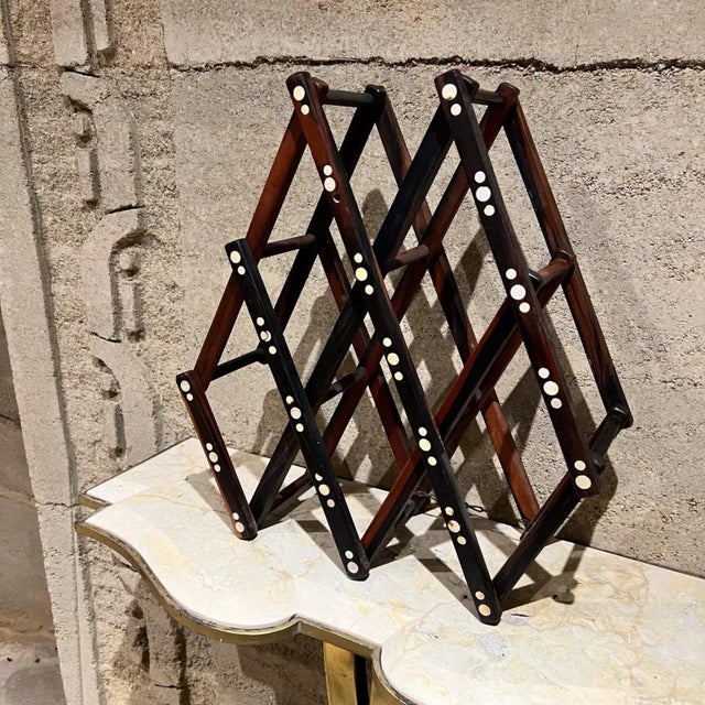 1970s Five Bottle Wood Wine Rack Collapsible Rosewood Abalone Shell For Sale In San Diego - Image 6 of 9