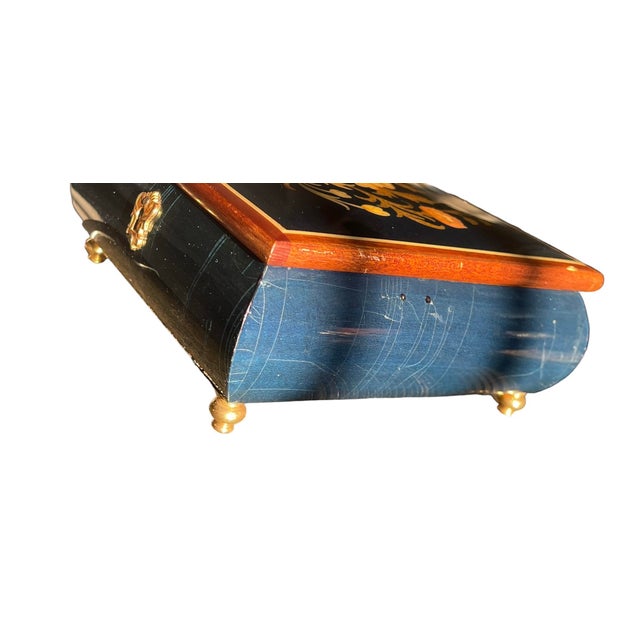 1970s Vintage Dark Blue Italian Wood Inlay Musical Box For Sale - Image 9 of 9