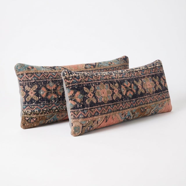 Mid-Century Modern Blue Anatolian Rug Pillow Cover 12'' X 35'' - Set of Two For Sale - Image 3 of 4