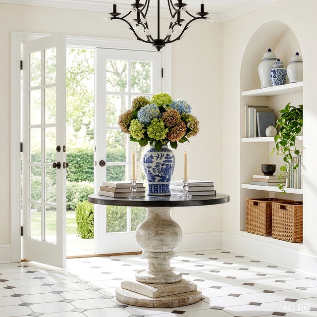 This vintage entry table is sure to be a focal point in any space. Featuring a hand carved solid mango Wood base with an...